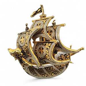 Vintage Damascene Revival 4-Mast Ship Brooch | Signed Spain Nautical Pin